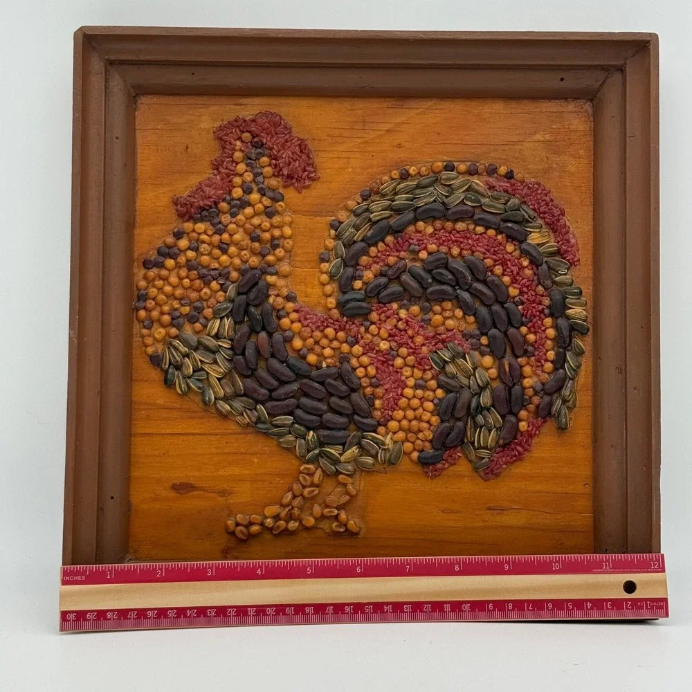 Vintage Seed Art Rooster Mosaic Framed FolkArt Brenda Wade Farmhouse Decor 12x12